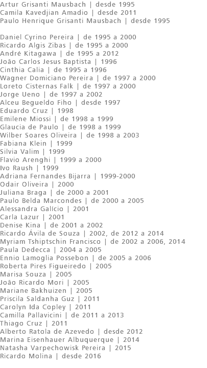 Artur Grisanti Mausbach | desde 1995 Camila Kavedjian Amadio | desde 2011 Paulo Henrique Grisanti Mausbach | desde 1995 Daniel Cyrino Pereira | de 1995 a 2000 Ricardo Algis Zibas | de 1995 a 2000 André Kitagawa | de 1995 a 2012 João Carlos Jesus Baptista | 1996 Cinthia Calia | de 1995 a 1996 Wagner Domiciano Pereira | de 1997 a 2000 Loreto Cisternas Falk | de 1997 a 2000 Jorge Ueno | de 1997 a 2002 Alceu Begueldo Fiho | desde 1997 Eduardo Cruz | 1998 Emilene Miossi | de 1998 a 1999 Glaucia de Paulo | de 1998 a 1999 Wilber Soares Oliveira | de 1998 a 2003 Fabiana Klein | 1999 Silvia Valim | 1999 Flavio Arenghi | 1999 a 2000 Ivo Raush | 1999 Adriana Fernandes Bijarra | 1999-2000 Odair Oliveira | 2000 Juliana Braga | de 2000 a 2001 Paulo Belda Marcondes | de 2000 a 2005 Alessandra Galício | 2001 Carla Lazur | 2001 Denise Kina | de 2001 a 2002 Ricardo Ávila de Souza | 2002, de 2012 a 2014 Myriam Tshiptschin Francisco | de 2002 a 2006, 2014 Paula Dedecca | 2004 a 2005 Ennio Lamoglia Possebon | de 2005 a 2006 Roberta Pires Figueiredo | 2005 Marisa Souza | 2005 João Ricardo Mori | 2005 Mariane Bakhuizen | 2005 Priscila Saldanha Guz | 2011 Carolyn Ida Copley | 2011 Camilla Pallavicini | de 2011 a 2013 Thiago Cruz | 2011 Alberto Ratola de Azevedo | desde 2012 Marina Eisenhauer Albuquerque | 2014 Natasha Varpechowisk Pereira | 2015 Ricardo Molina | desde 2016 